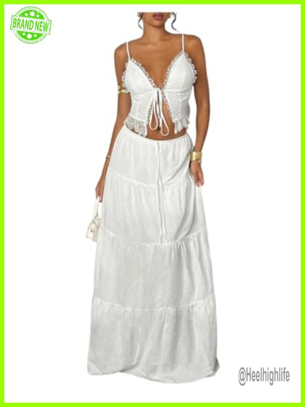 Women's 2 Piece Tie Front Camisole Top Tiered Maxi Skirt Set Spaghetti Strap